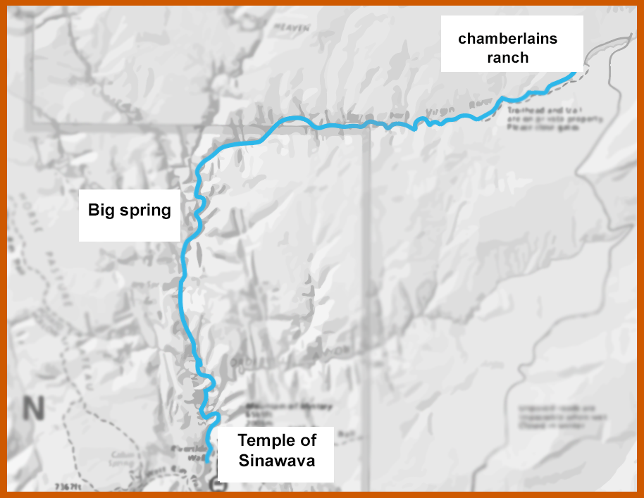 Map of the Narrows hike, showing chamberlains ranch, big spring and the Temple of Sinawava.